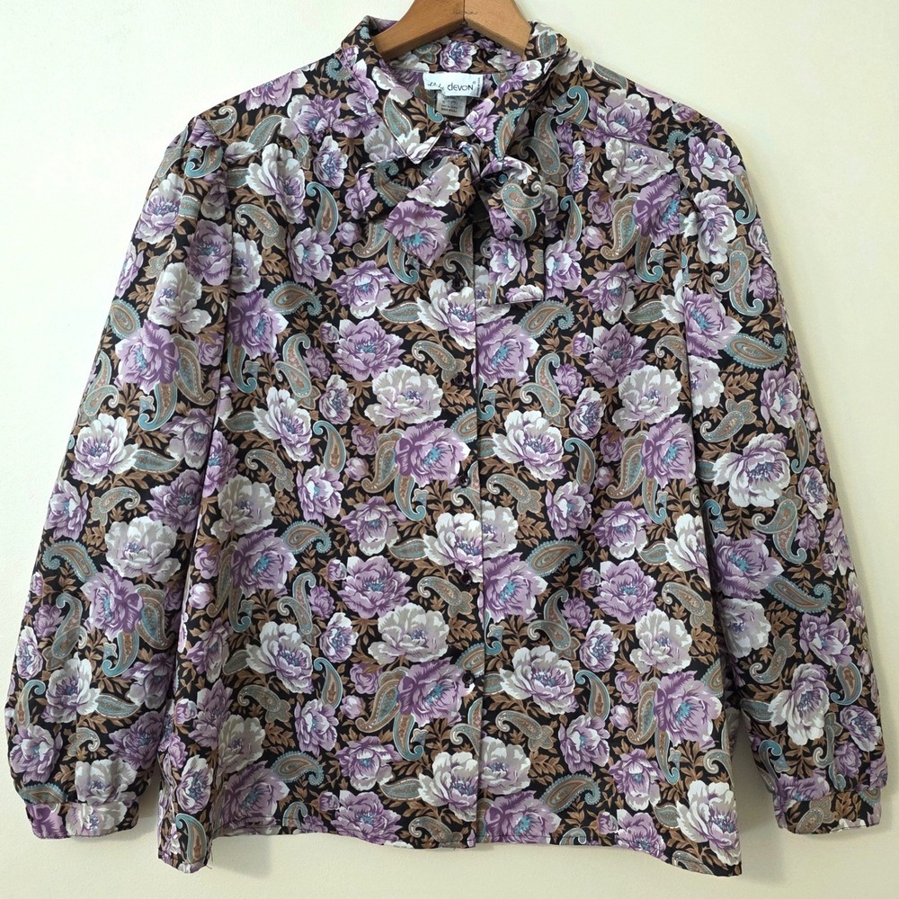 Vintage 70s Lady Devon Dark Floral Paisley Top Sz XXL Long Puff Sleeve Tie Neck
